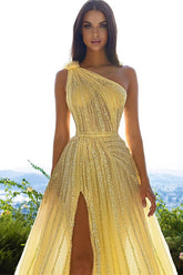 Daffodil One Shoulder Prom Dress Sequins Beads With Slit